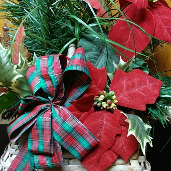 Holiday Poinsettia Centerpiece basket arrangement decor mantel table - Picture 5 of 7